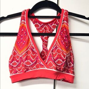 Athleta Red and Pink Patterned Sports Bikini Top